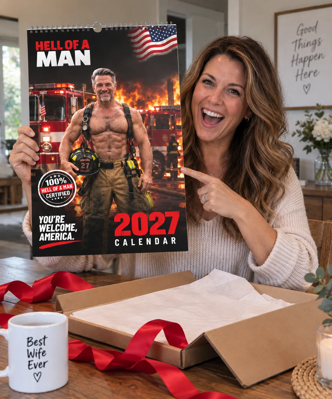 A wrapped calendar being unwrapped at a kitchen table