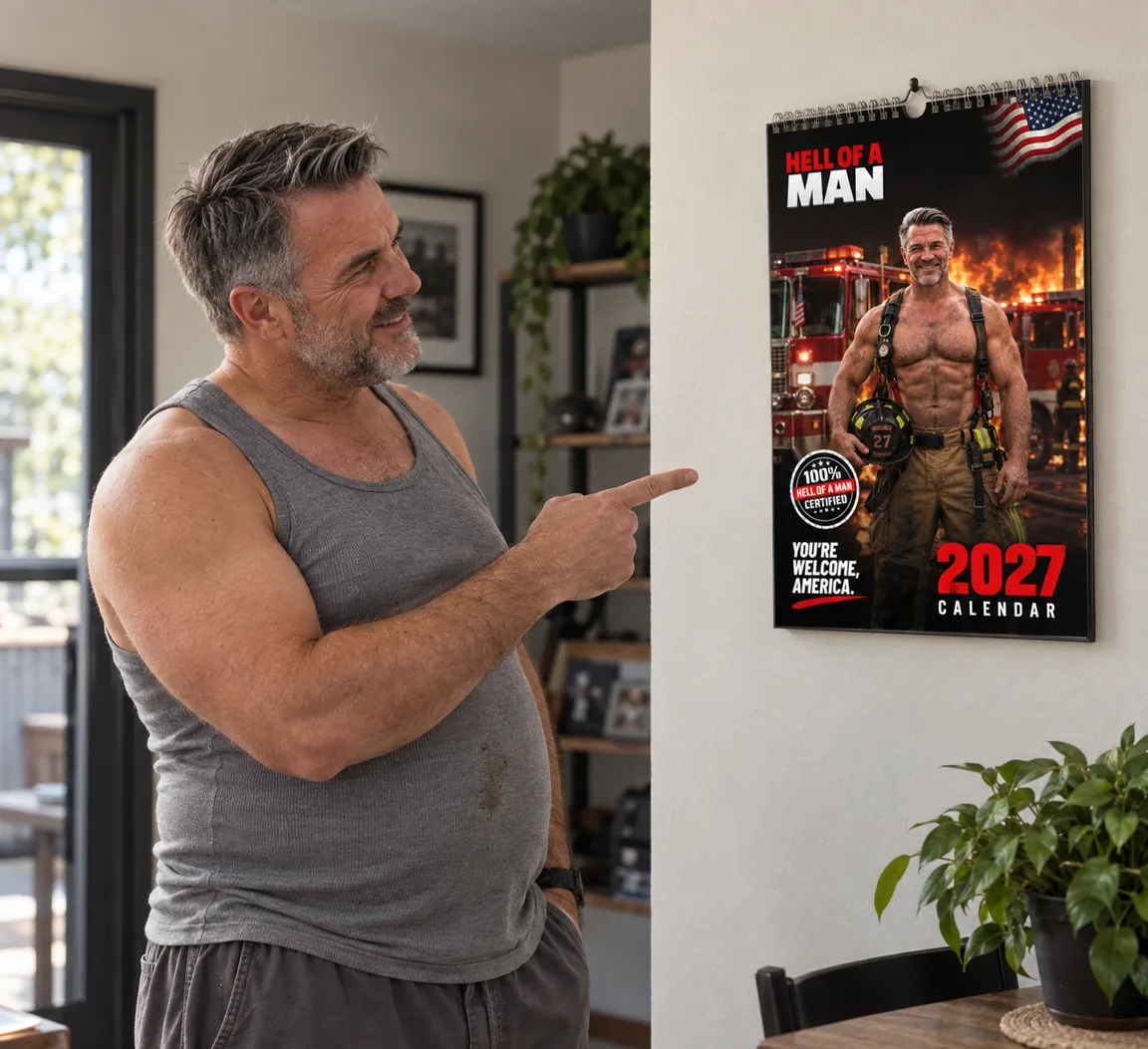 A man admiring his personalized Hell of a Man firefighter calendar
