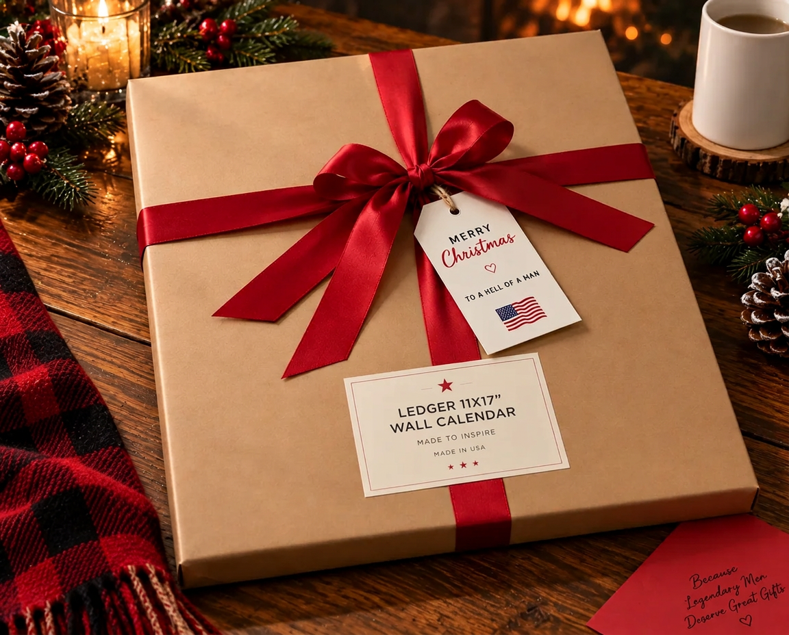 Flat gift wrapped in kraft paper with a red ribbon